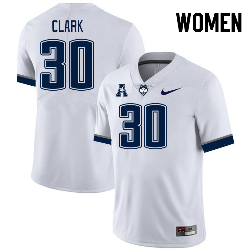 Women #30 Hunter Clark Connecticut Huskies College Football Jerseys Stitched Sale-White